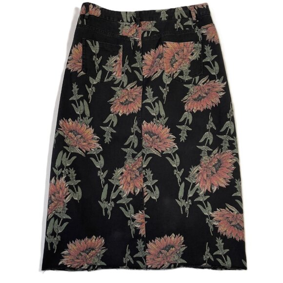 Vintage Lovey U-Dear Floral Midi Skirt Black Sunflower Print Raw Hem Slit Size L - Picture 3 of 14